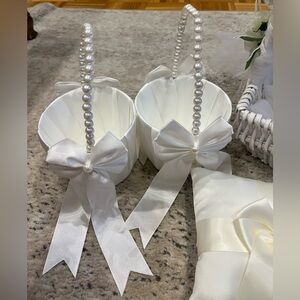 2 Elegant White Pearl Flower Girl Handle Baskets